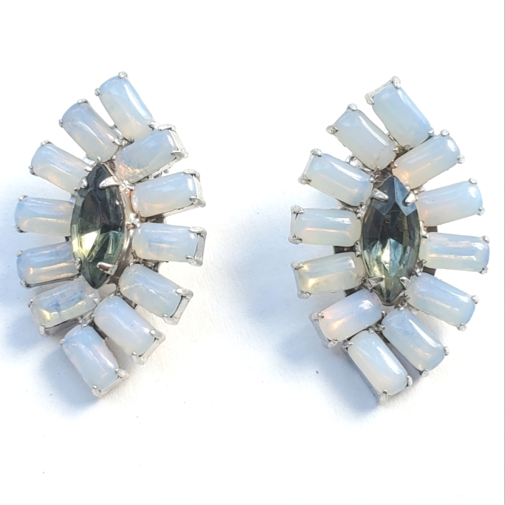 Vintage Opal Like Rhinestone Clip Earrings